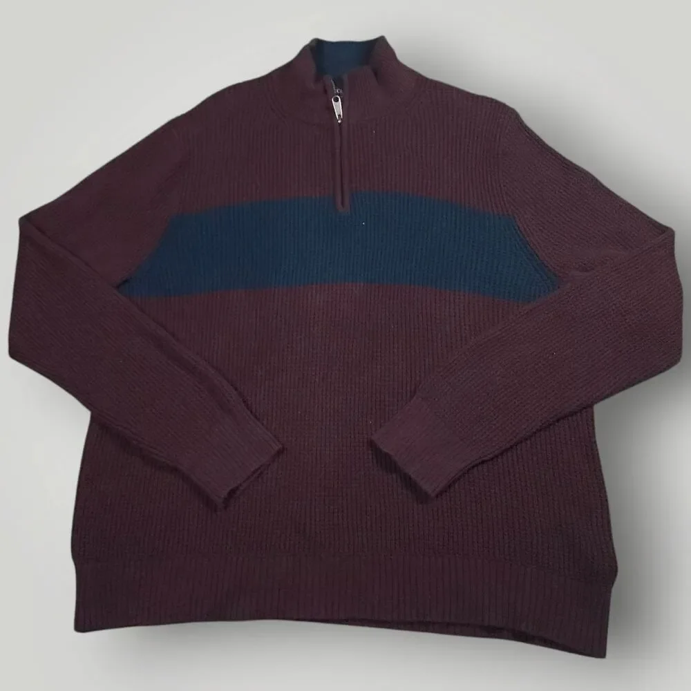 J Crew Sweater Mens XL Cotton Half Zip Waffle Knit Mock Neck Pullover Burgundy